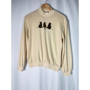 VTG Teddi Women's Cream Long Sleeve Sweatshirt Three Cats‎ Embroidered Medium